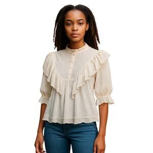 POL BOHO Blouse Sheer Standup Collar Ruffles Lace Vintage Style White Small NEW